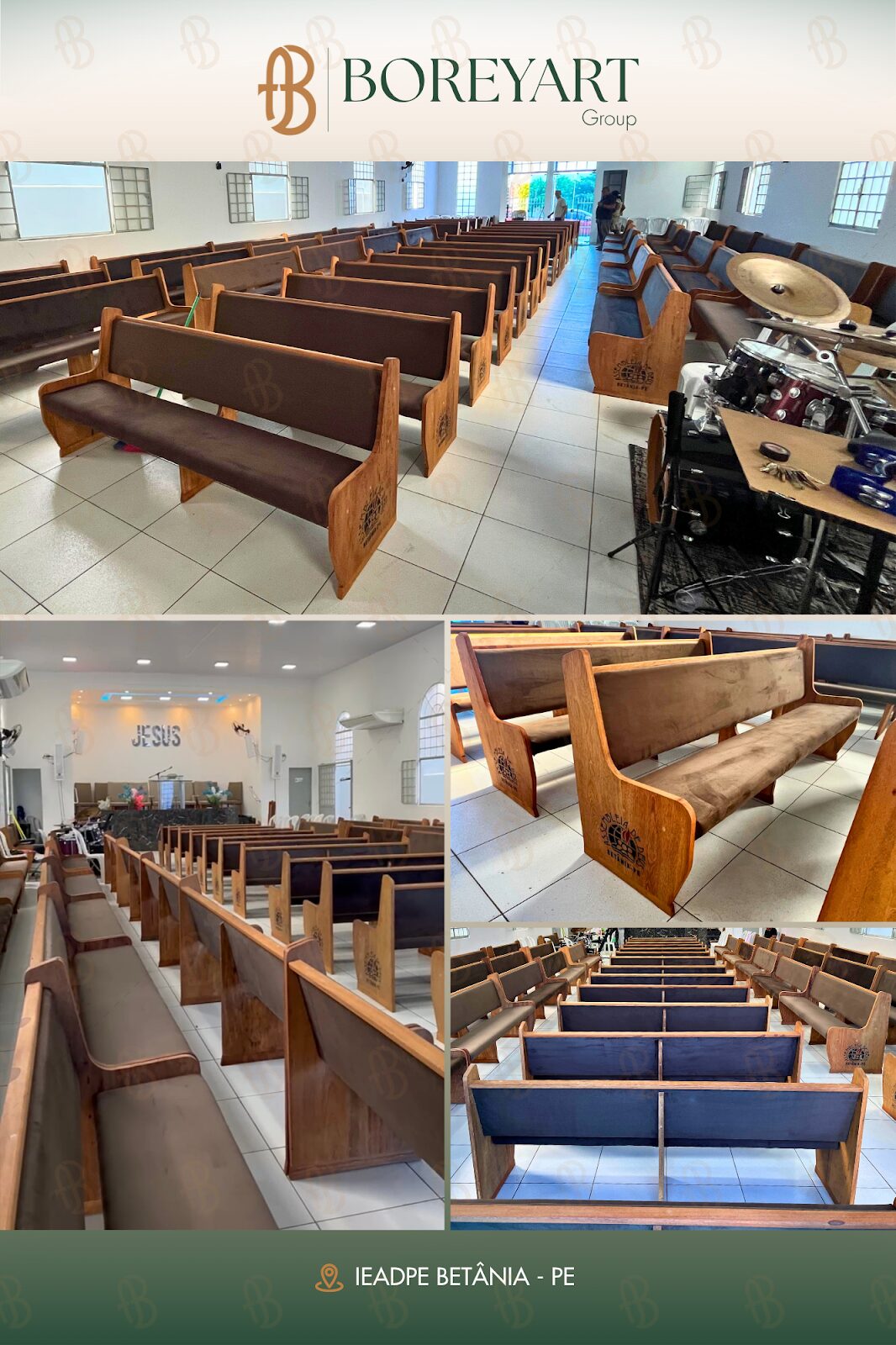 Bancos de madeira para igreja IEADPE Betânia, em Pernambuco | Boreyart