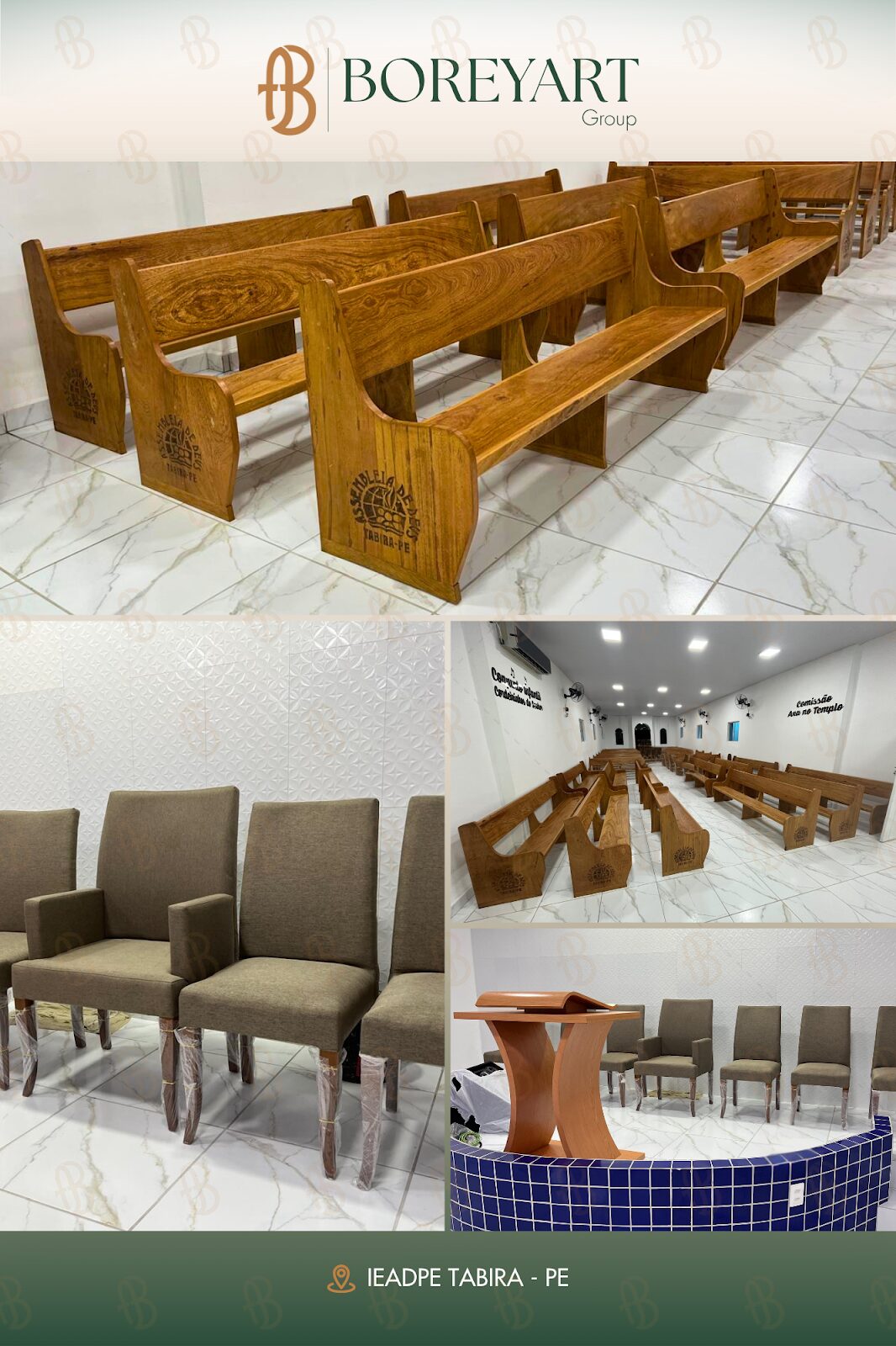 Bancos de madeira entalhados para igreja IEADPE Tabira, em Pernambuco | Boreyart