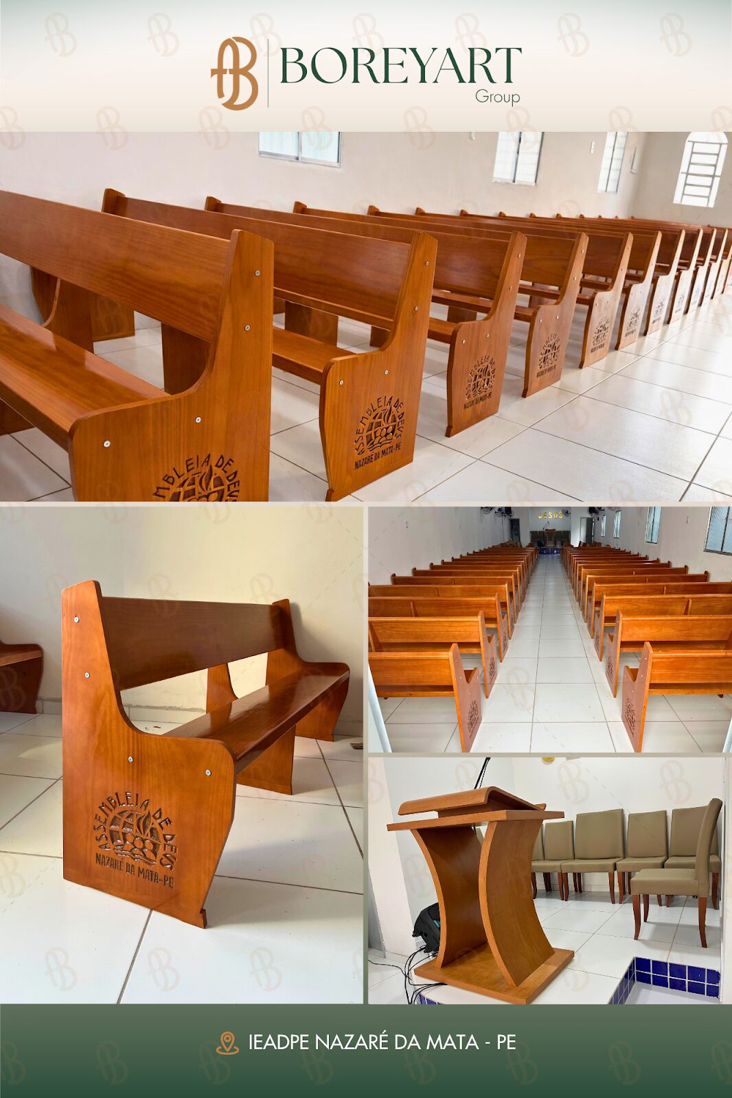 Bancos de madeira com logomarca em baixo relevo para igreja IEADPE Nazaré da Mata | Boreyart
